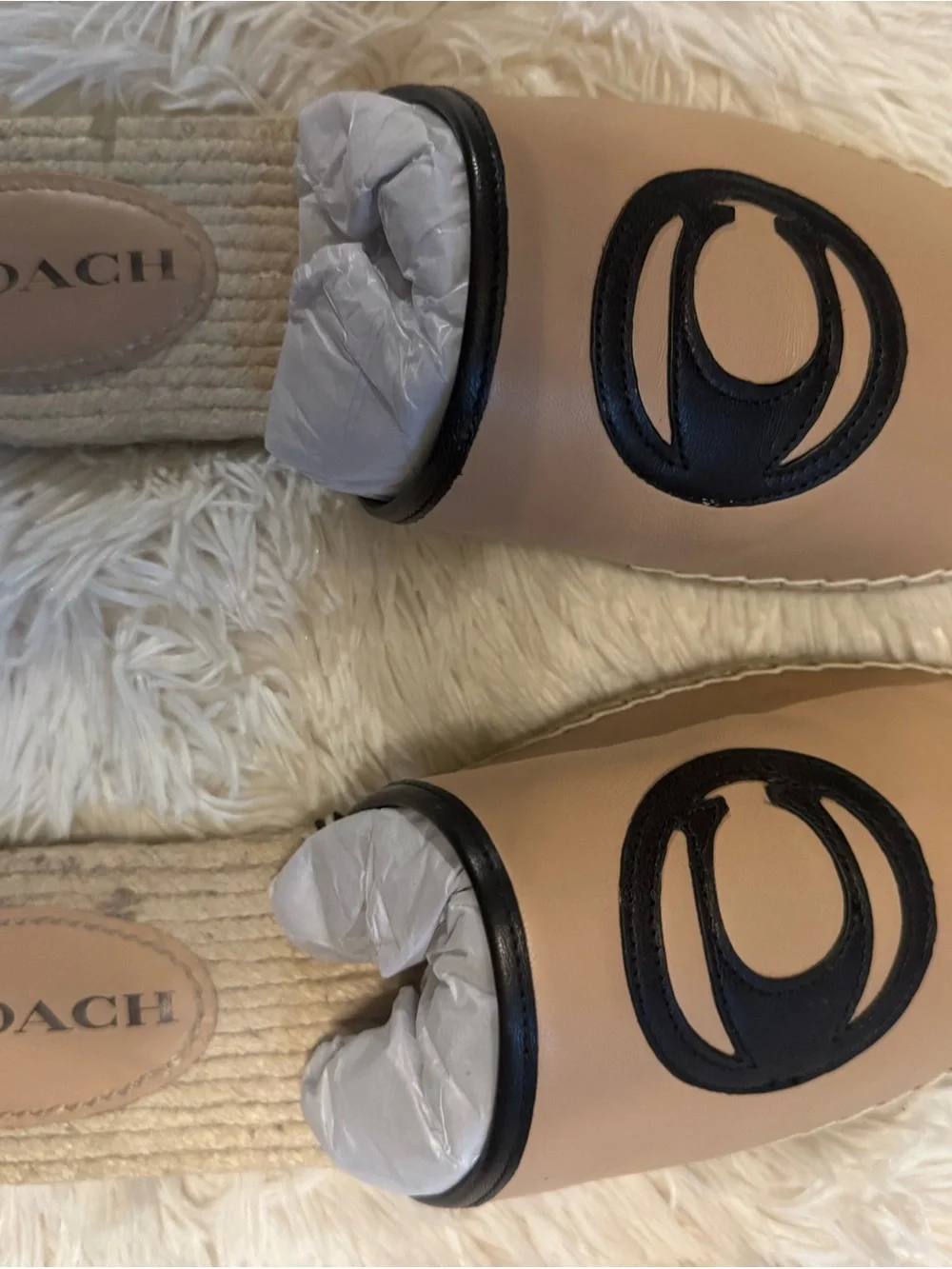 Coach Women’s Beige Espadrille Slide with Black Logo